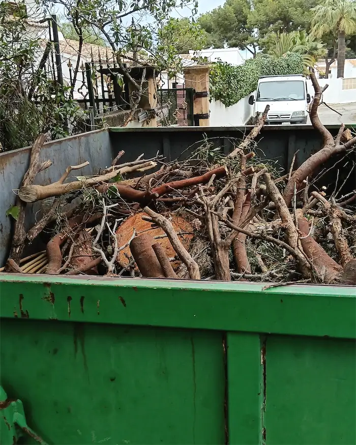 Contenedor lleno de ramas y troncos de la poda, listo para llevárselo